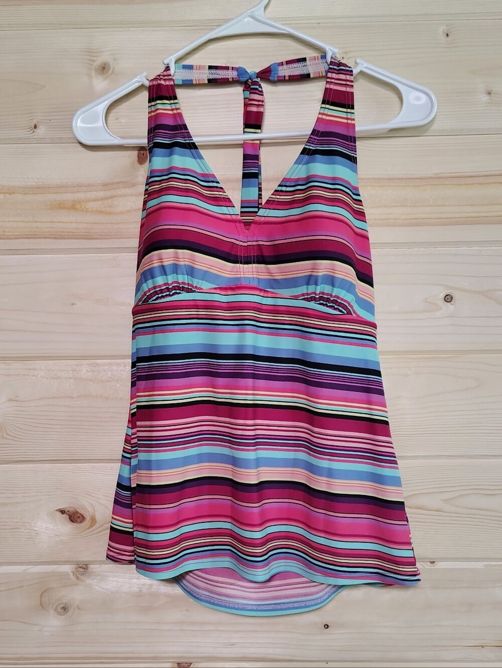 Croft & Barrow Pink Multi Striped Halter Tankini Swimsuit Top Size 14 Modest